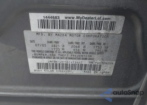 2006 Mazda Mazda3 I from USA, damaged, VIN JM1BK12F161413445